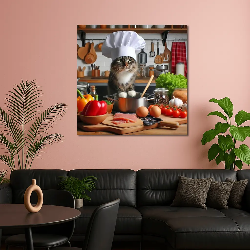 Chef Cat Cooking in Kitchen with Vegetables – Wall Art