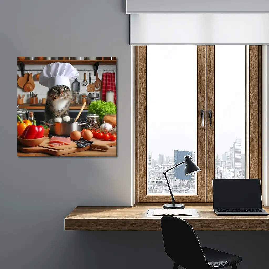 Chef Cat Cooking in Kitchen with Vegetables – Wall Art