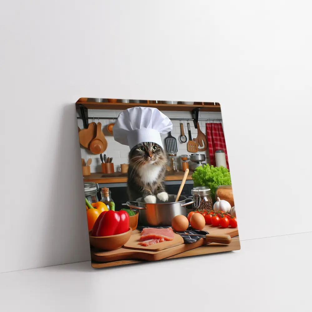 Chef Cat Cooking in Kitchen with Vegetables – Wall Art