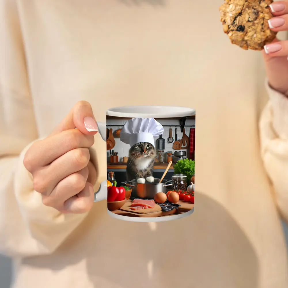Chef Cat Cooking in Kitchen with Vegetables – Mugs