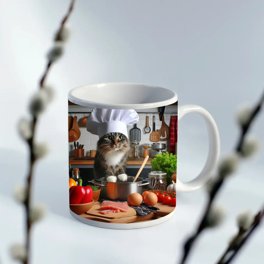 Chef Cat Cooking in Kitchen with Vegetables – Mugs