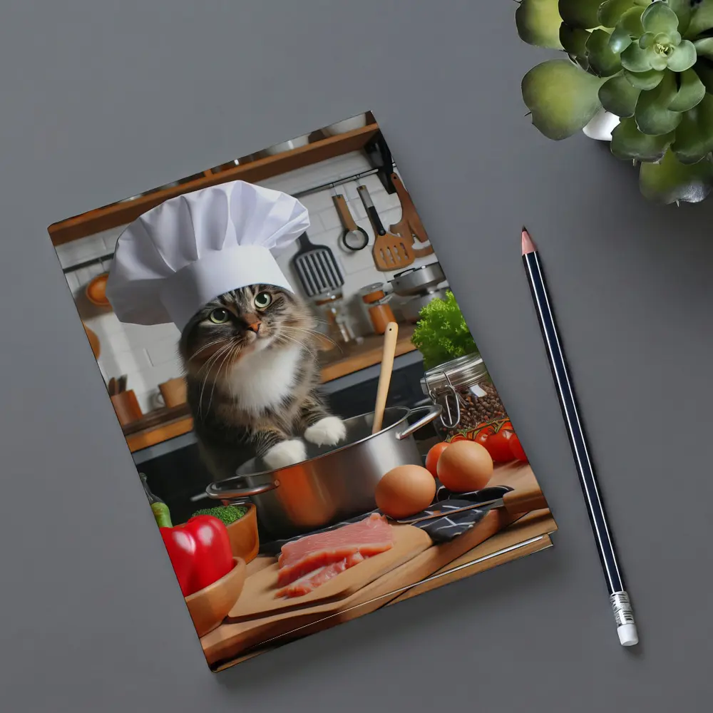 Chef Cat Cooking in Kitchen with Vegetables – Notebooks