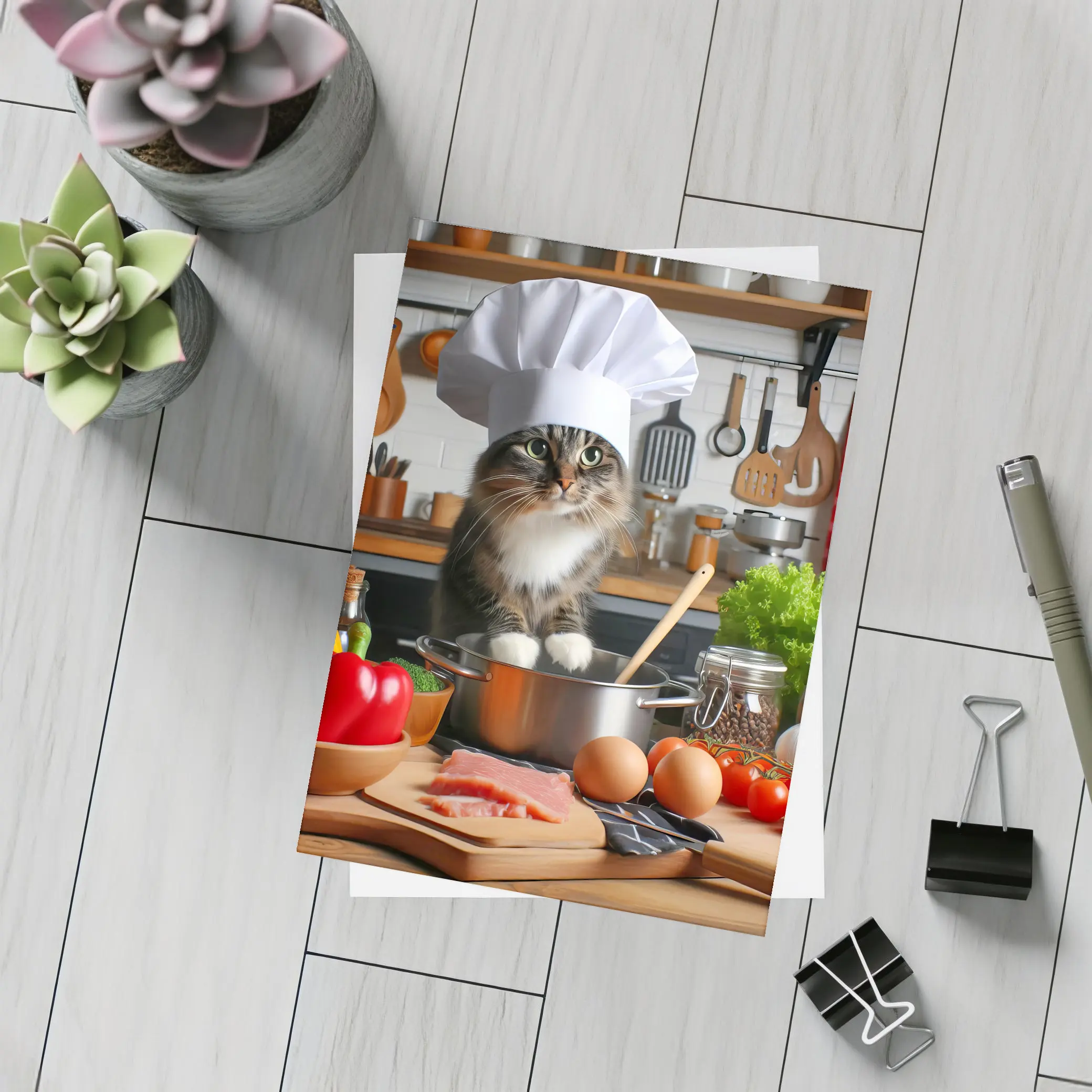 Chef Cat Cooking in Kitchen with Vegetables – Postcards