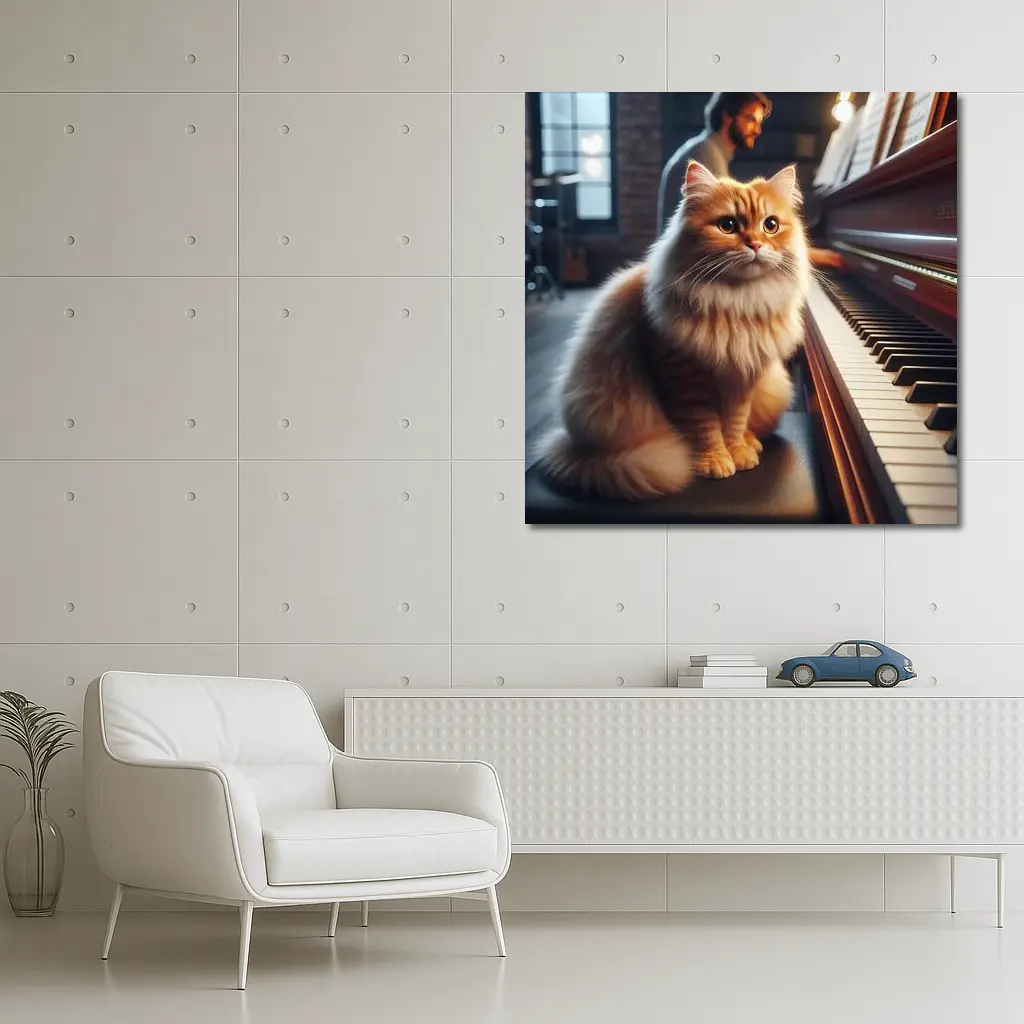 Fluffy Orange Cat Sitting By Piano – Wall Art