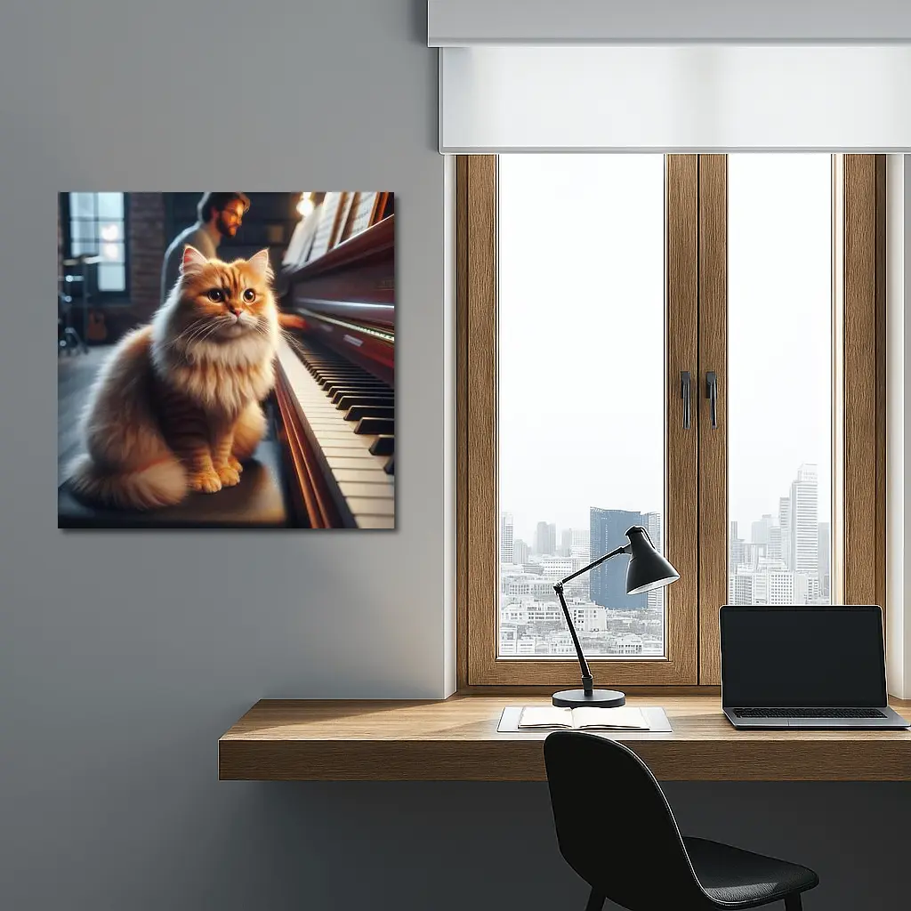 Fluffy Orange Cat Sitting By Piano – Wall Art