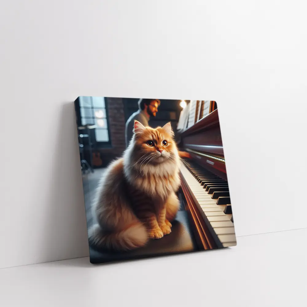 Fluffy Orange Cat Sitting By Piano – Wall Art