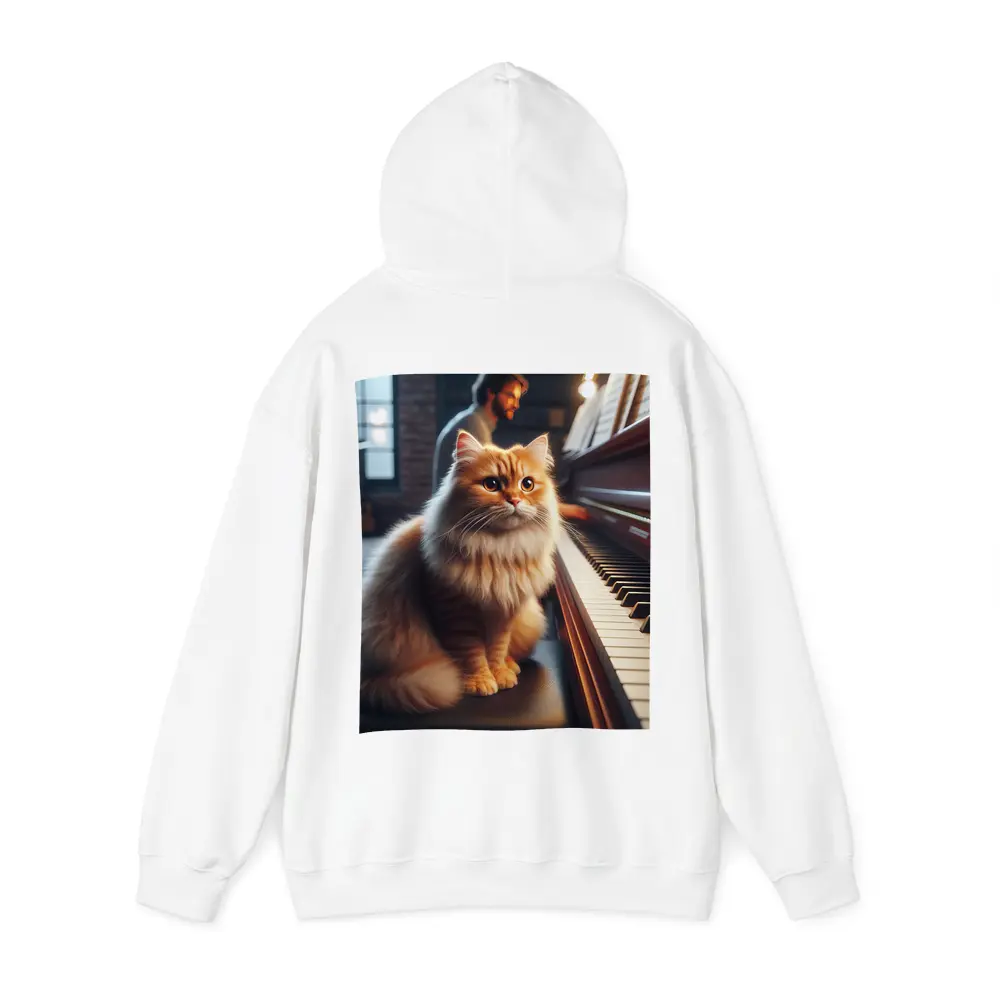 Fluffy Orange Cat Sitting By Piano – Hoodies