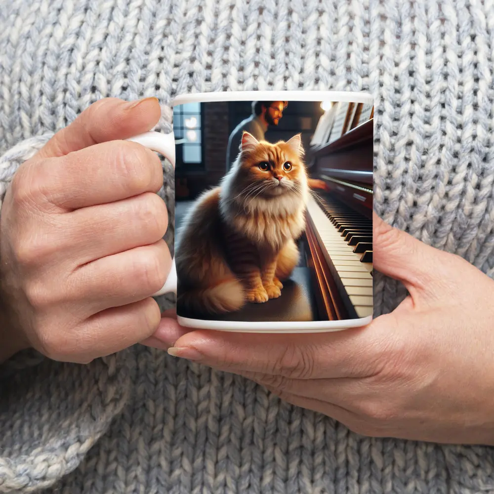 Fluffy Orange Cat Sitting By Piano – Mugs