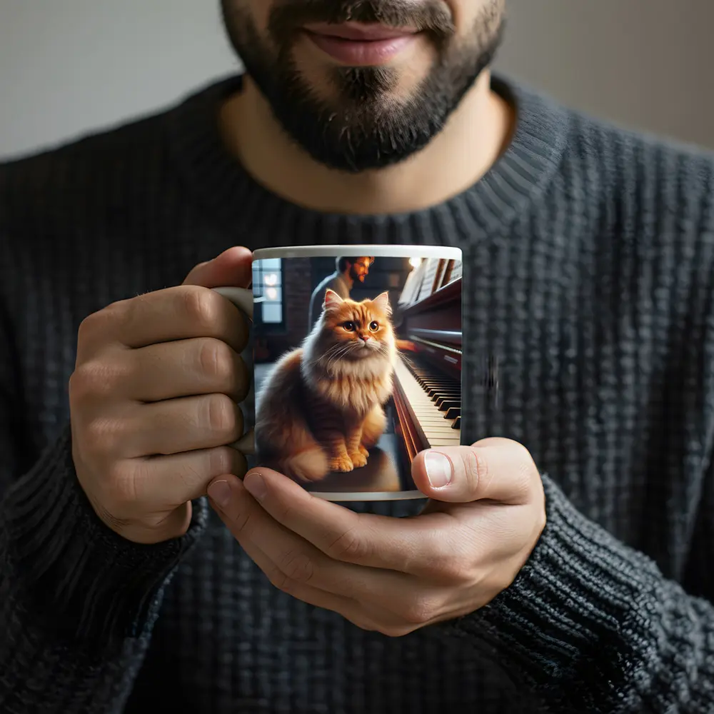 Fluffy Orange Cat Sitting By Piano – Mugs