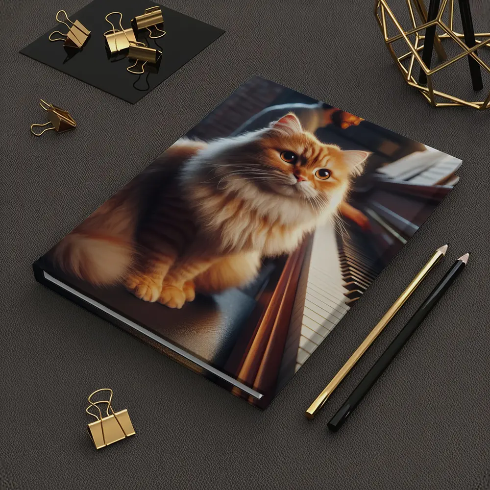 Fluffy Orange Cat Sitting By Piano – Notebooks