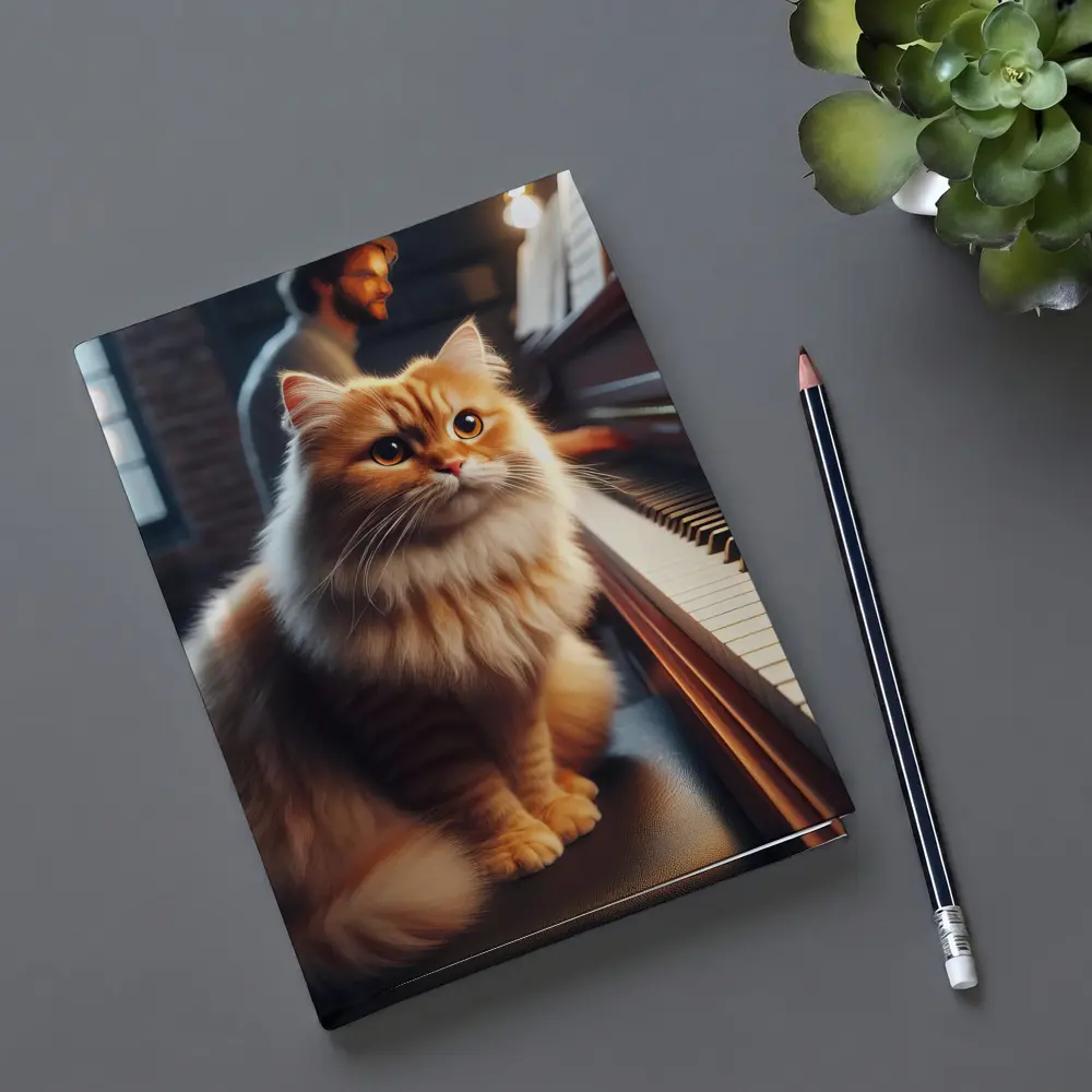 Fluffy Orange Cat Sitting By Piano – Notebooks