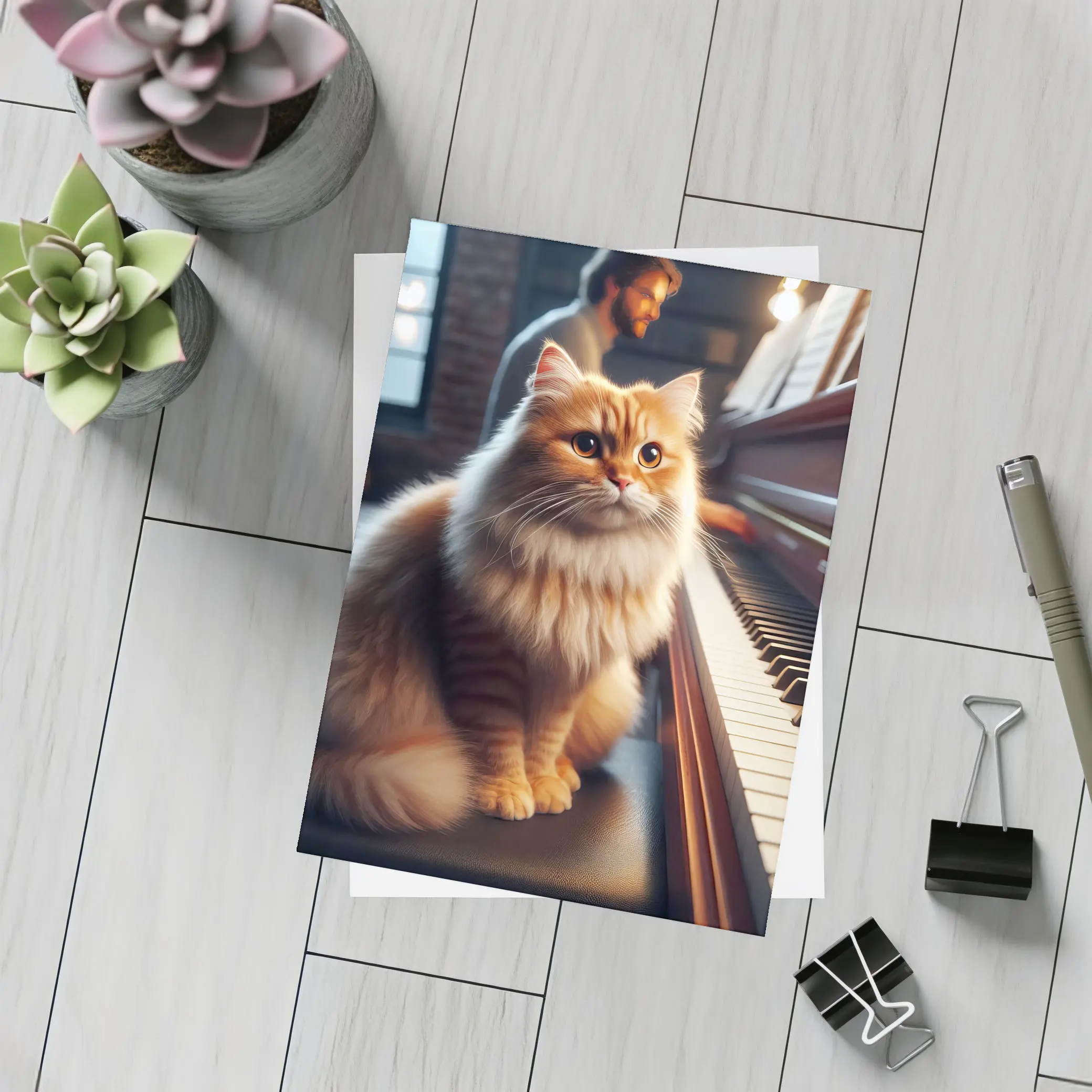Fluffy Orange Cat Sitting By Piano – Postcards