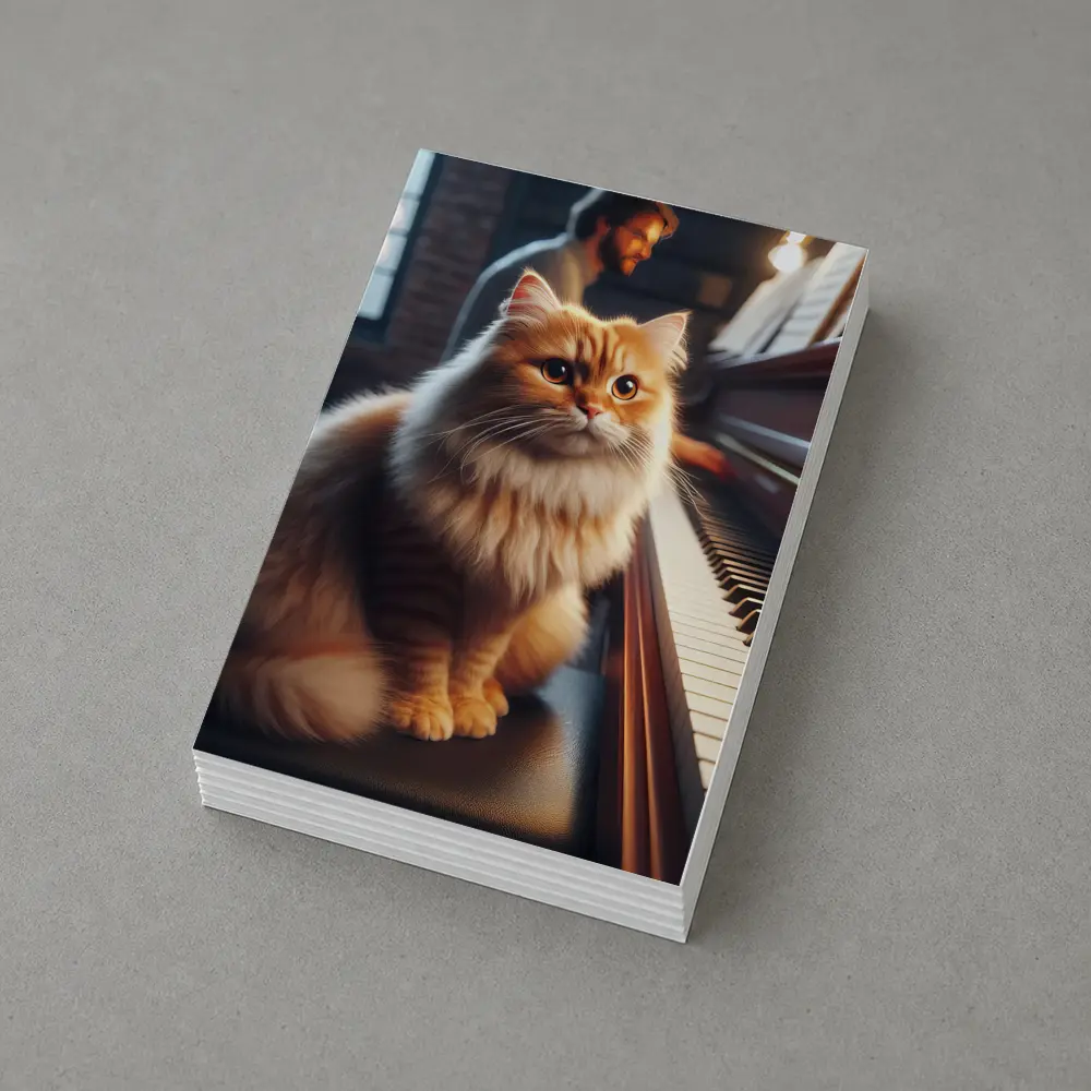 Fluffy Orange Cat Sitting By Piano – Postcards