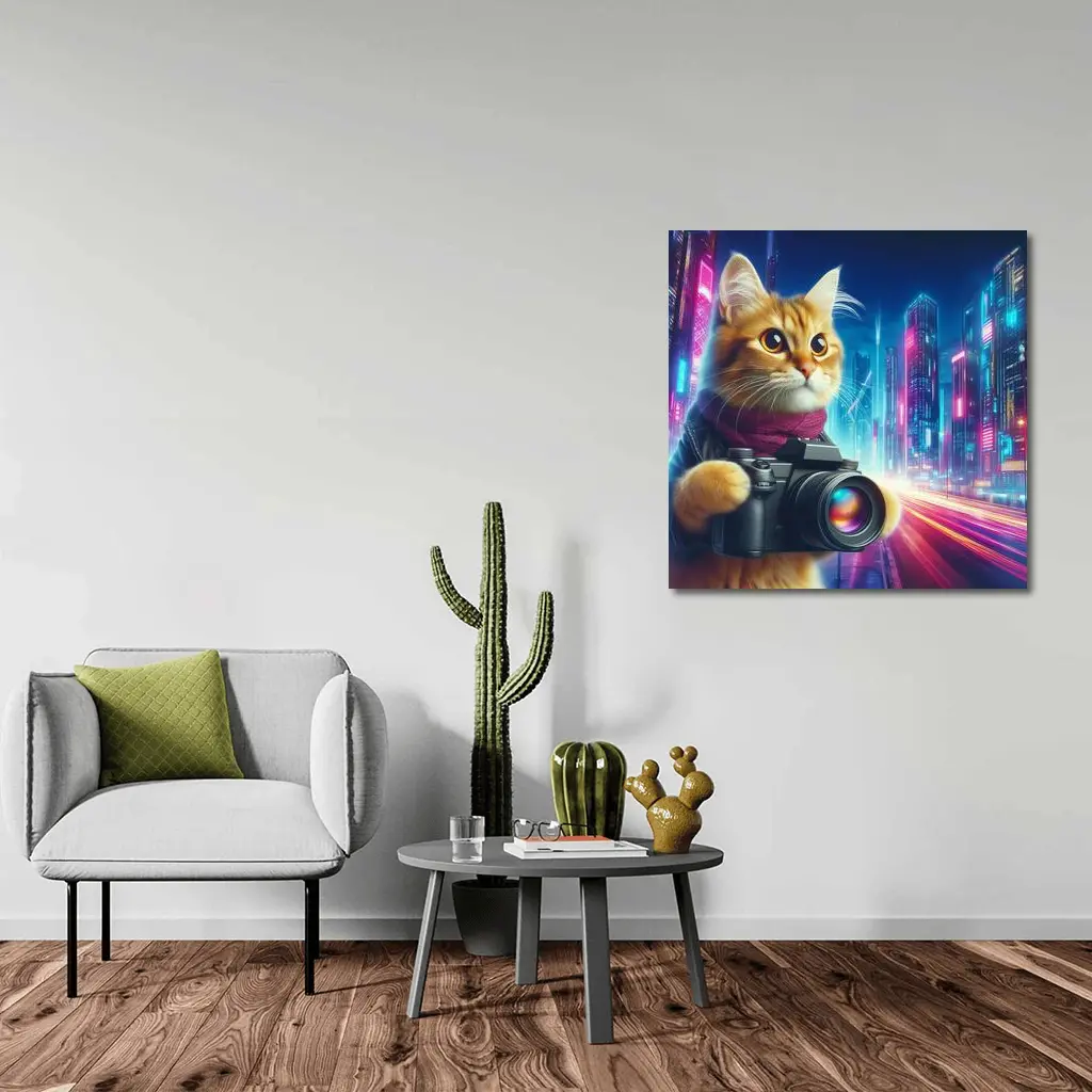 Orange Cat Photographer Cyberpunk Neon City – Wall Art