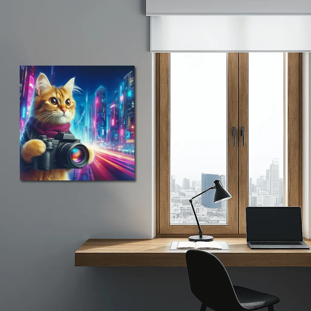 Orange Cat Photographer Cyberpunk Neon City – Wall Art