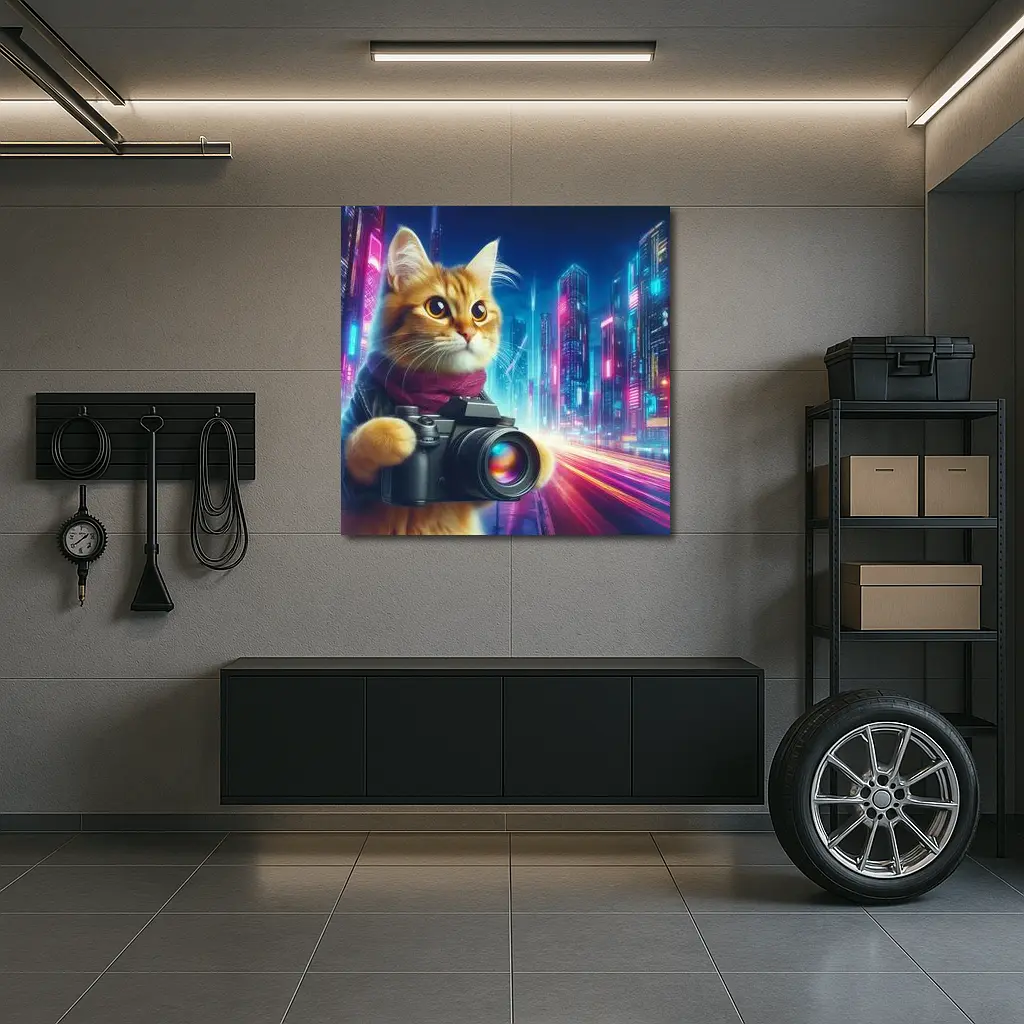 Orange Cat Photographer Cyberpunk Neon City – Wall Art