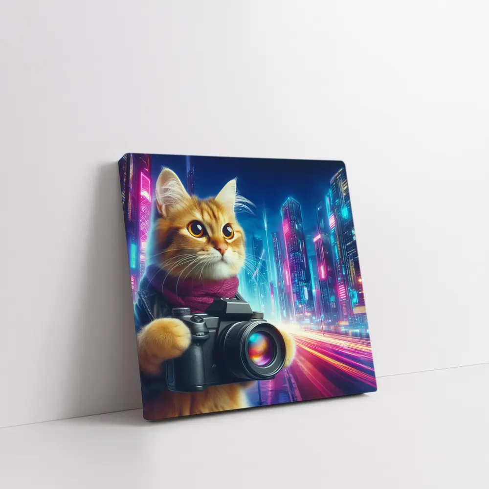 Orange Cat Photographer Cyberpunk Neon City – Wall Art