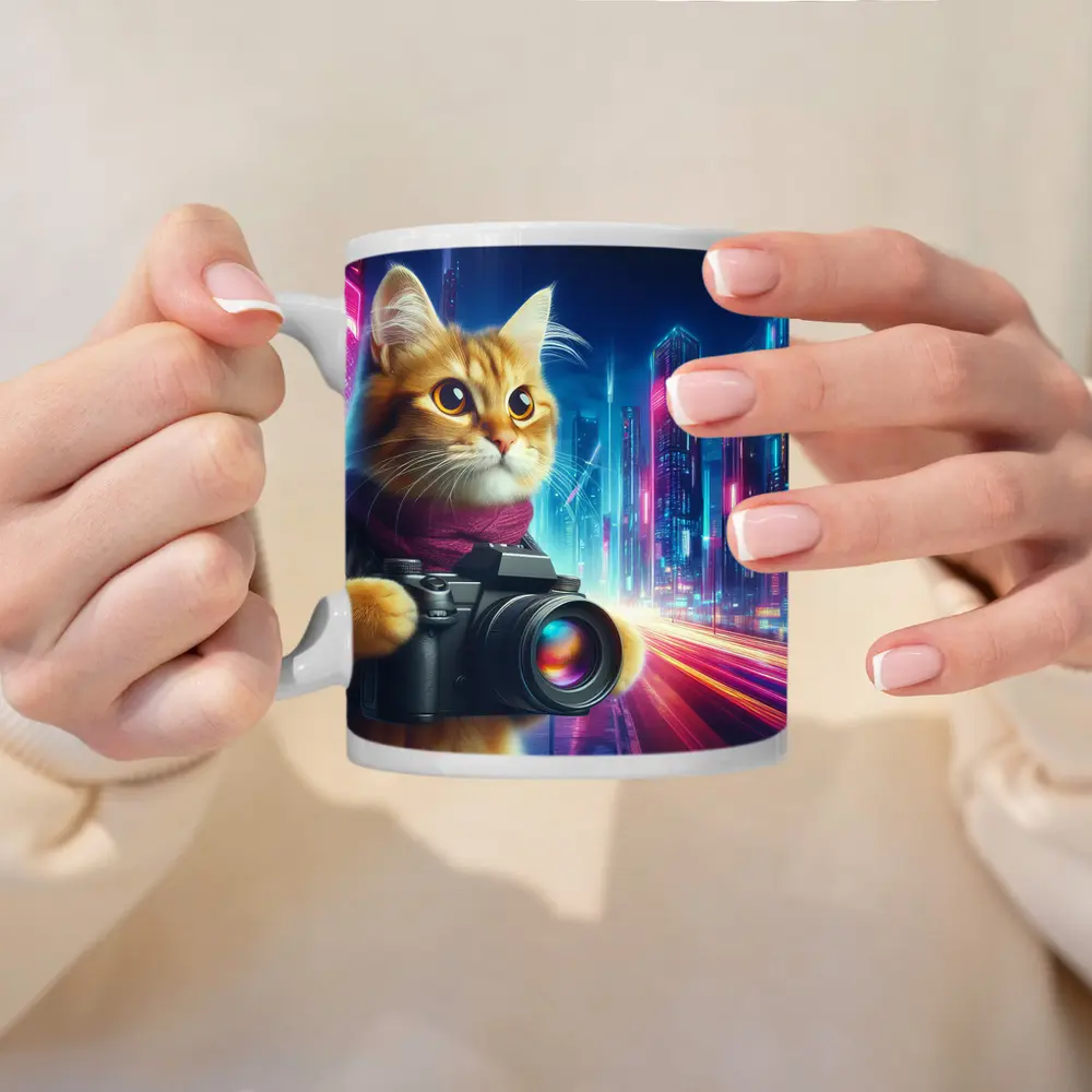 Orange Cat Photographer Cyberpunk Neon City – Mugs