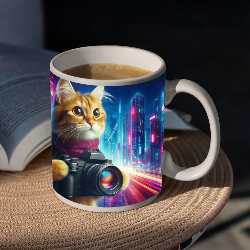 Orange Cat Photographer Cyberpunk Neon City – Mugs