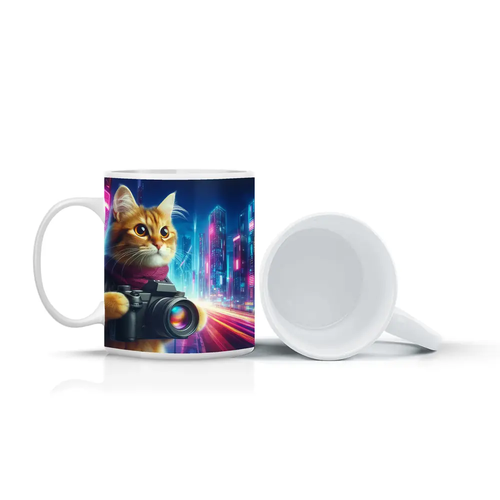 Orange Cat Photographer Cyberpunk Neon City – Mugs