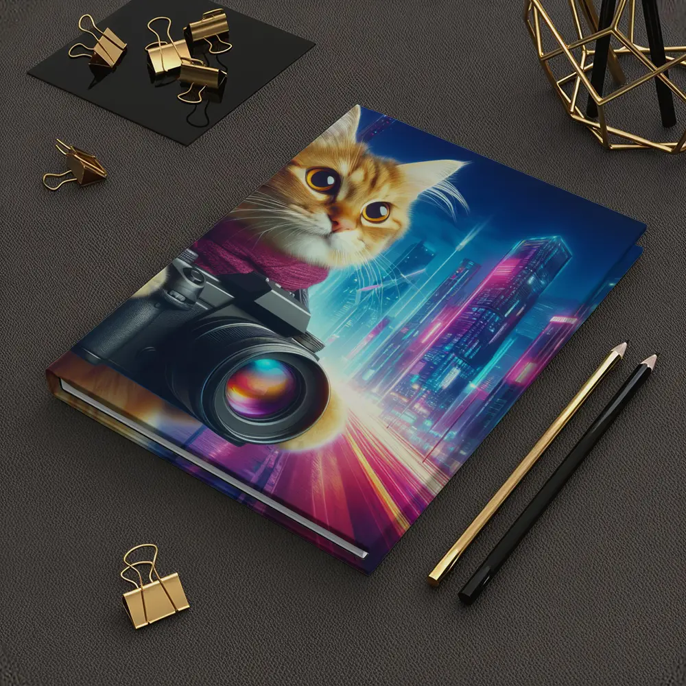 Orange Cat Photographer Cyberpunk Neon City – Notebooks