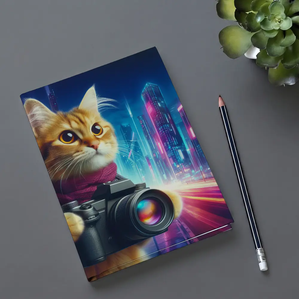 Orange Cat Photographer Cyberpunk Neon City – Notebooks