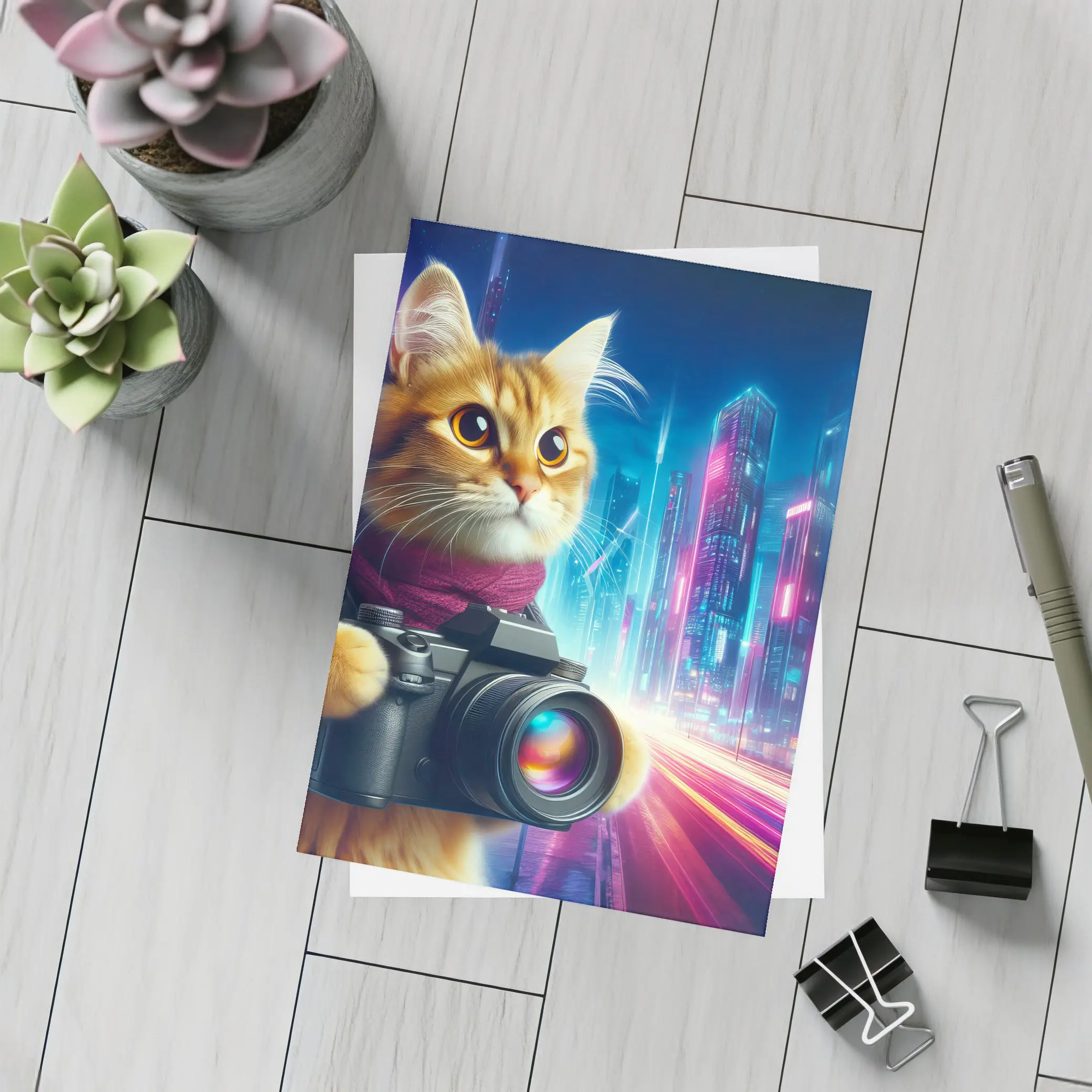 Orange Cat Photographer Cyberpunk Neon City – Postcards