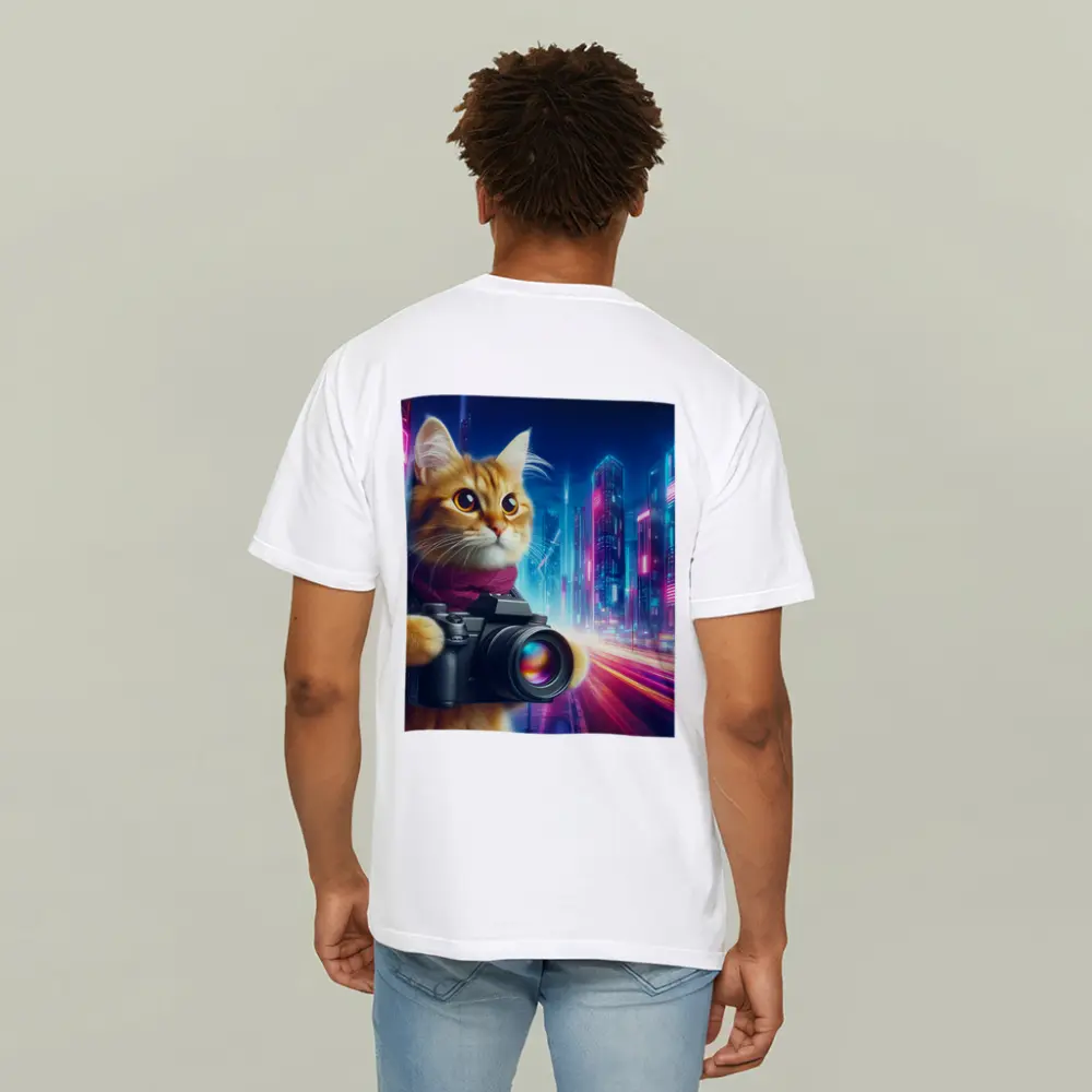 Orange Cat Photographer Cyberpunk Neon City – T-Shirts