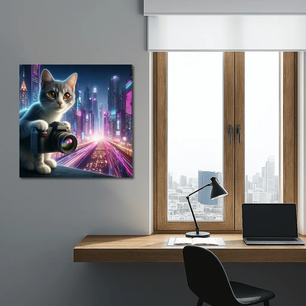 Gray Cat Photographer Neon Cyberpunk City – Wall Art