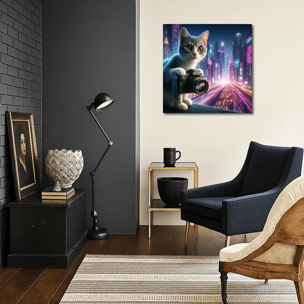 Gray Cat Photographer Neon Cyberpunk City – Wall Art