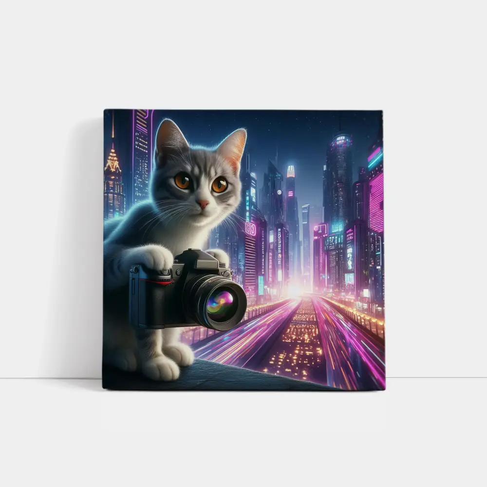 Gray Cat Photographer Neon Cyberpunk City – Wall Art