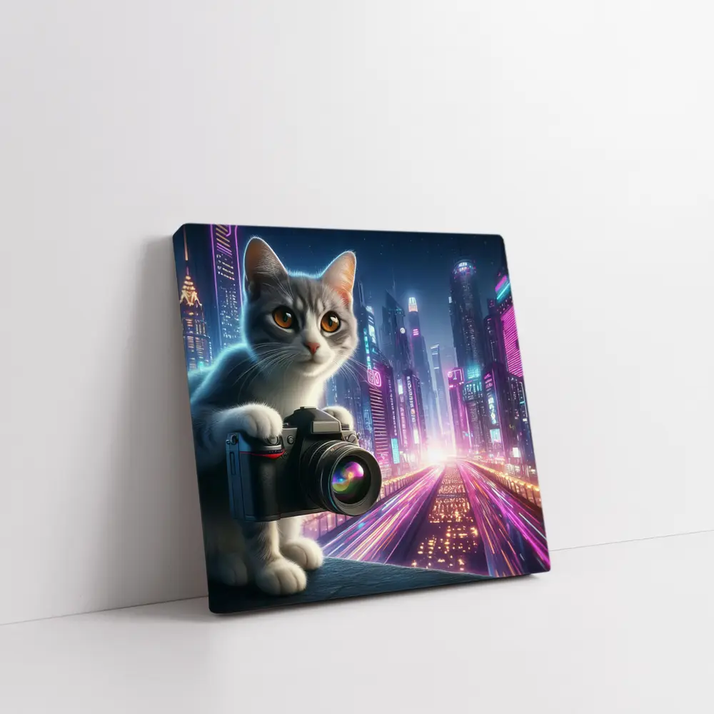 Gray Cat Photographer Neon Cyberpunk City – Wall Art