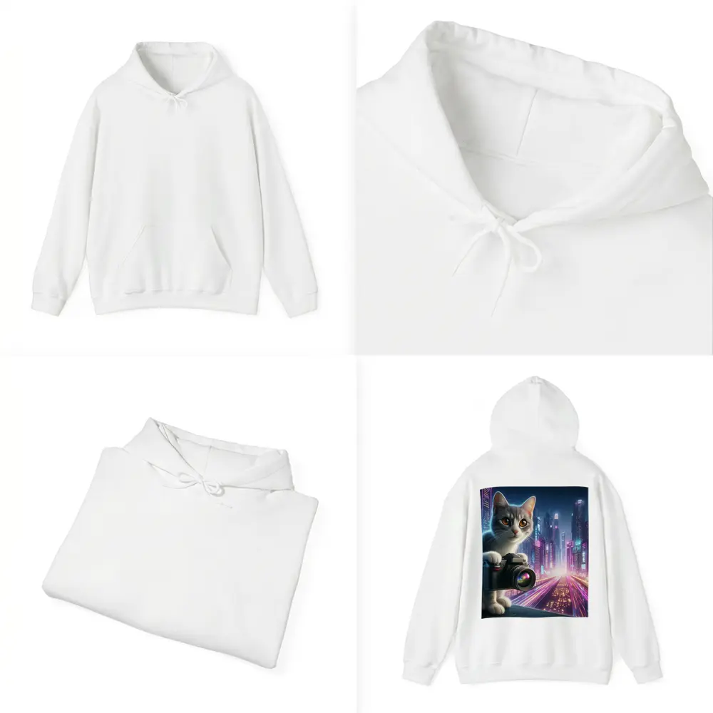 Gray Cat Photographer Neon Cyberpunk City – Hoodies