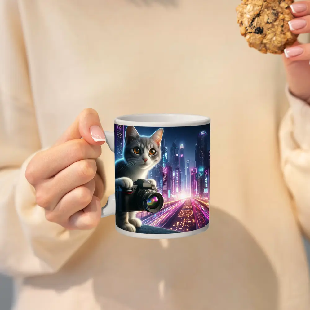 Gray Cat Photographer Neon Cyberpunk City – Mugs