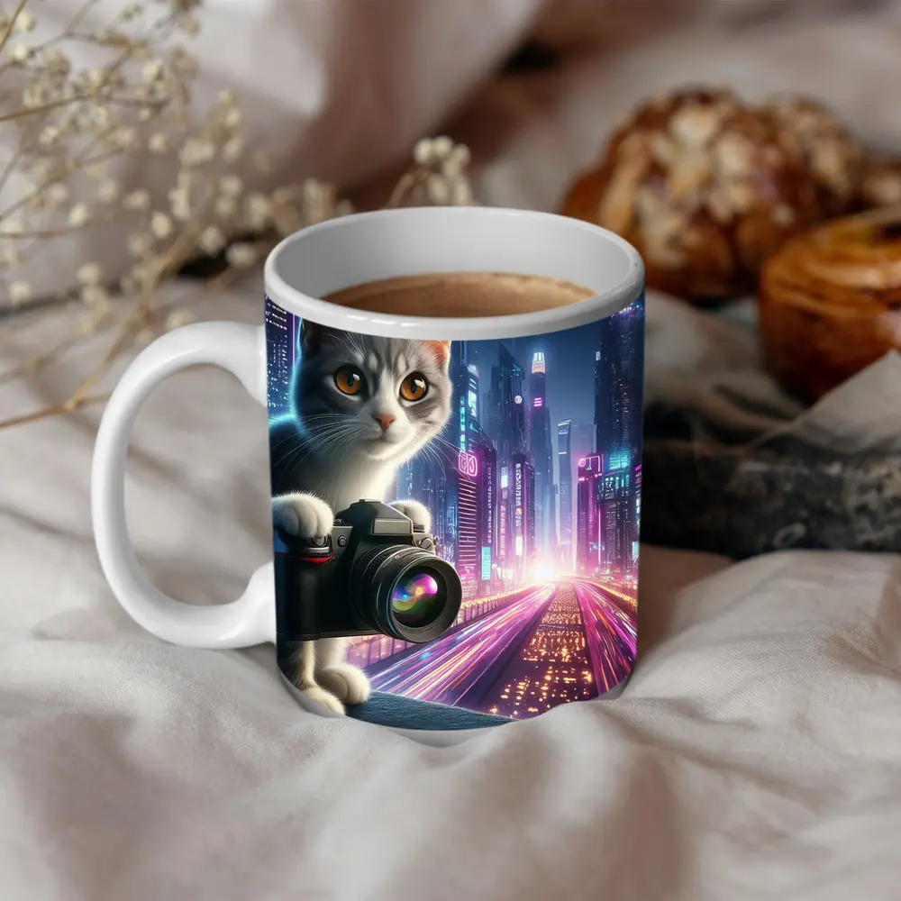 Gray Cat Photographer Neon Cyberpunk City – Mugs