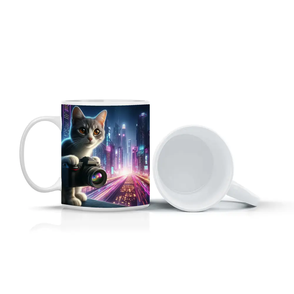 Gray Cat Photographer Neon Cyberpunk City – Mugs