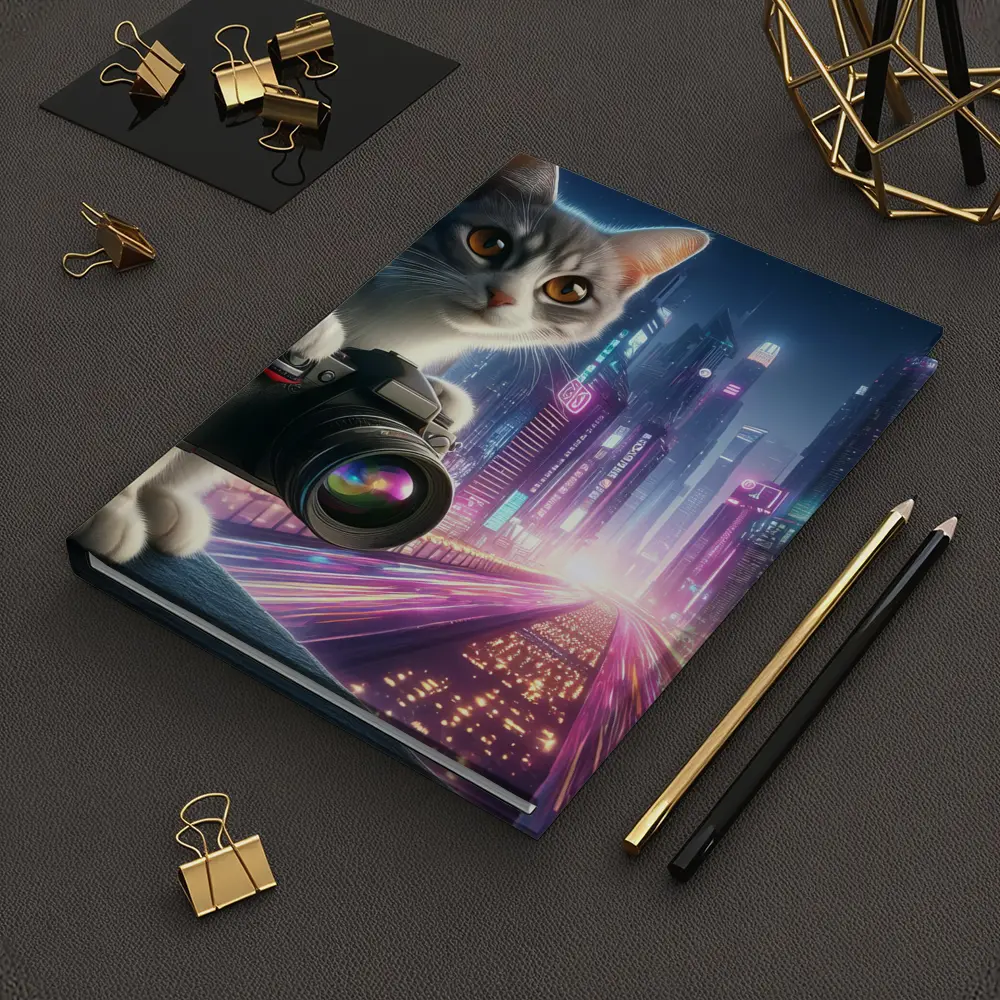 Gray Cat Photographer Neon Cyberpunk City – Notebooks