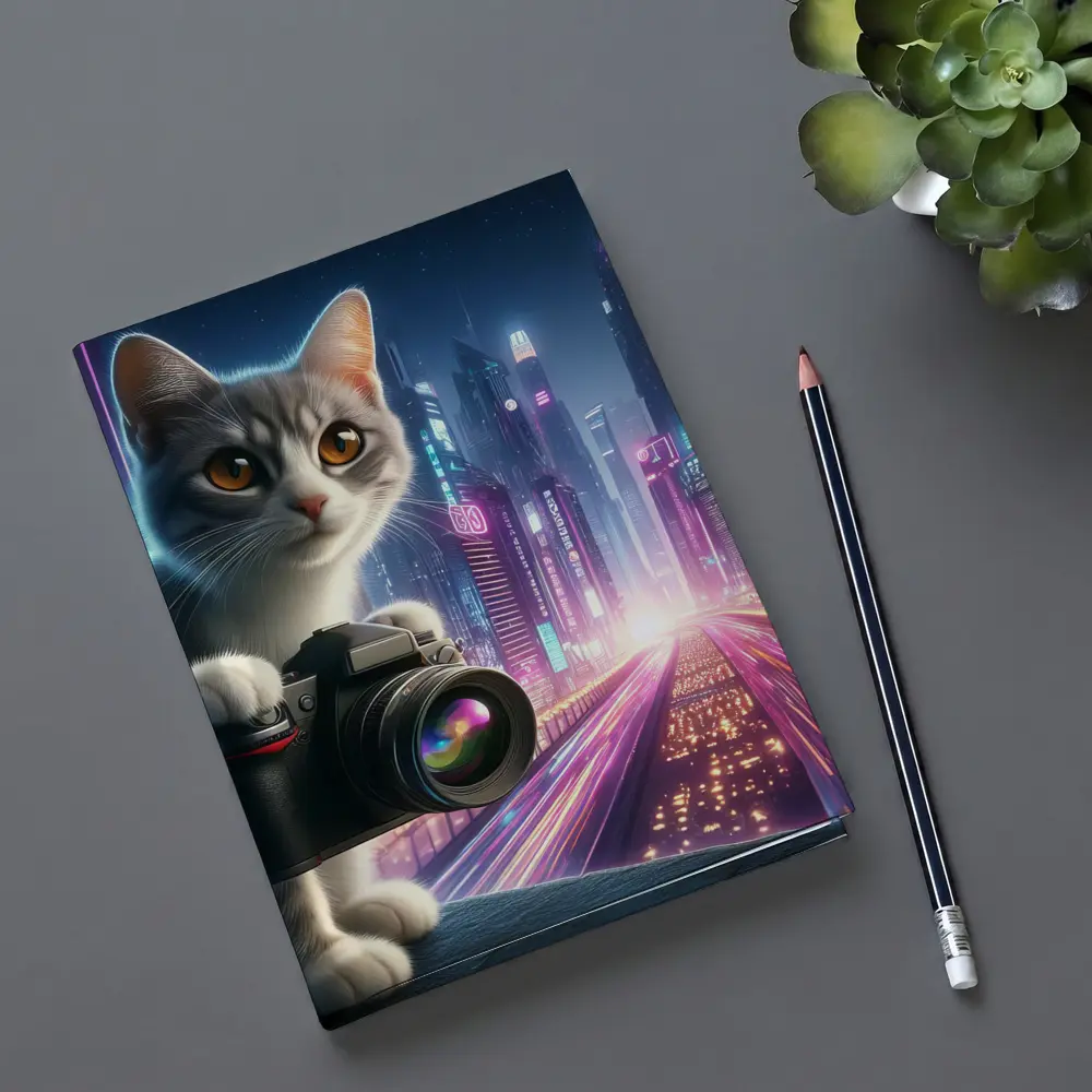 Gray Cat Photographer Neon Cyberpunk City – Notebooks