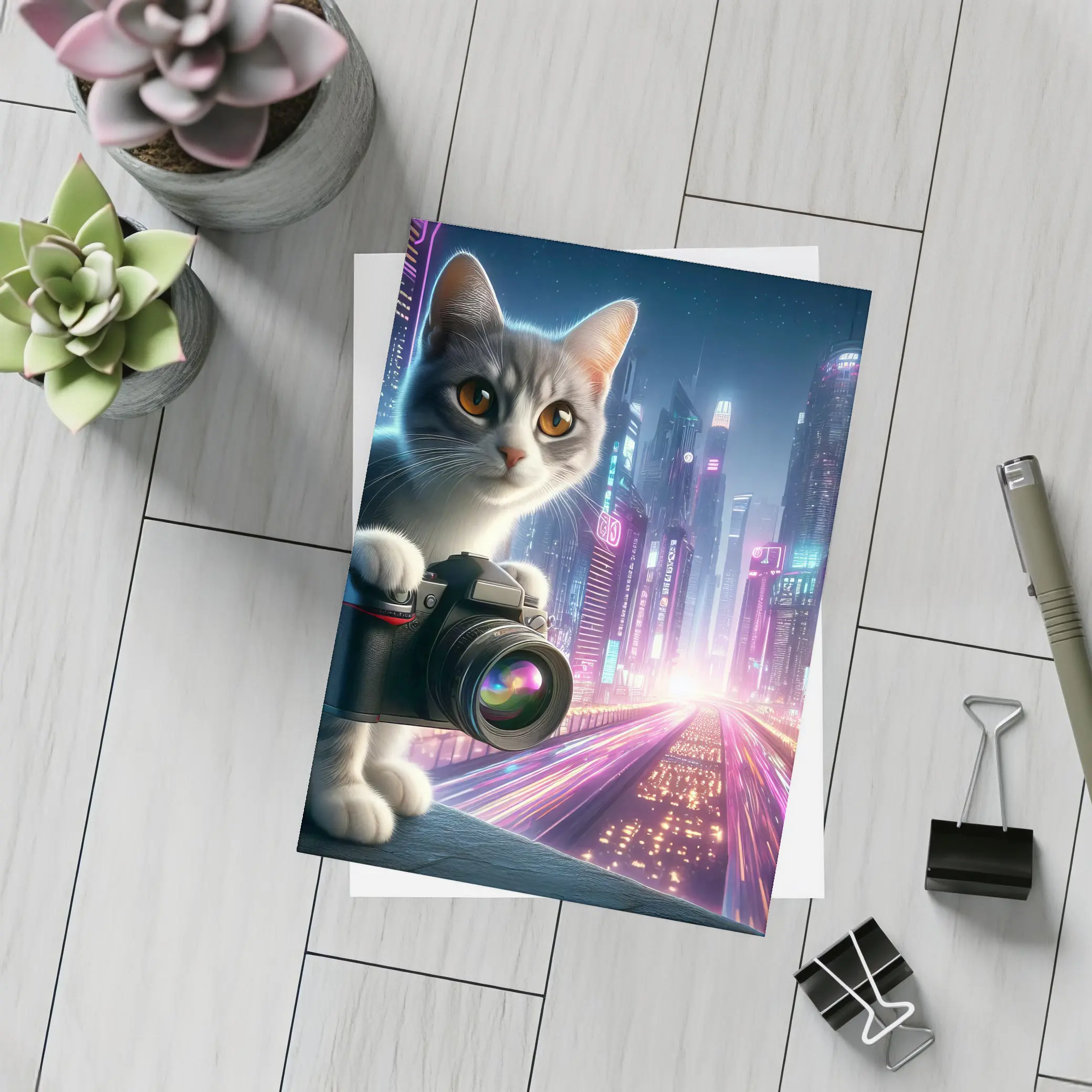 Gray Cat Photographer Neon Cyberpunk City – Postcards