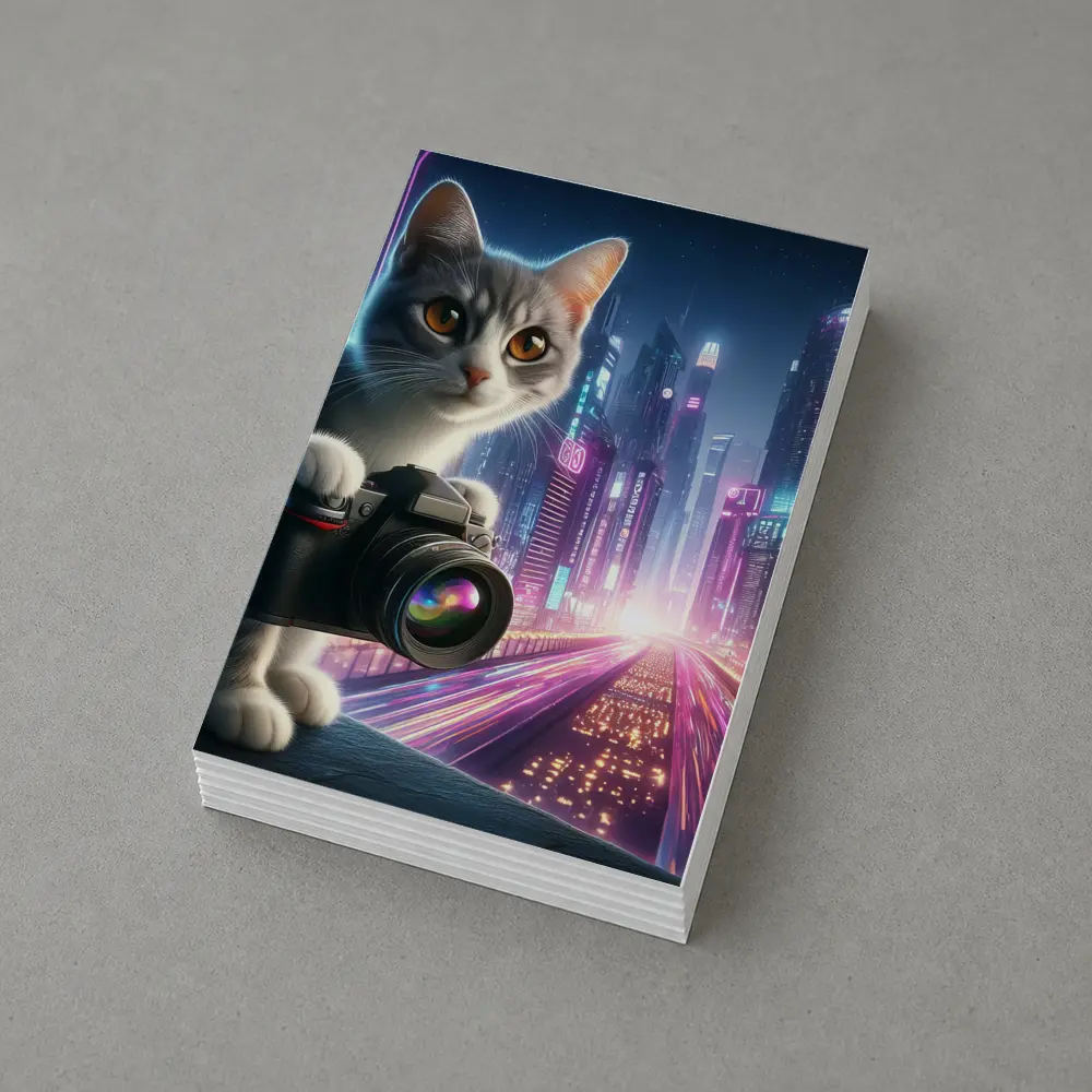 Gray Cat Photographer Neon Cyberpunk City – Postcards