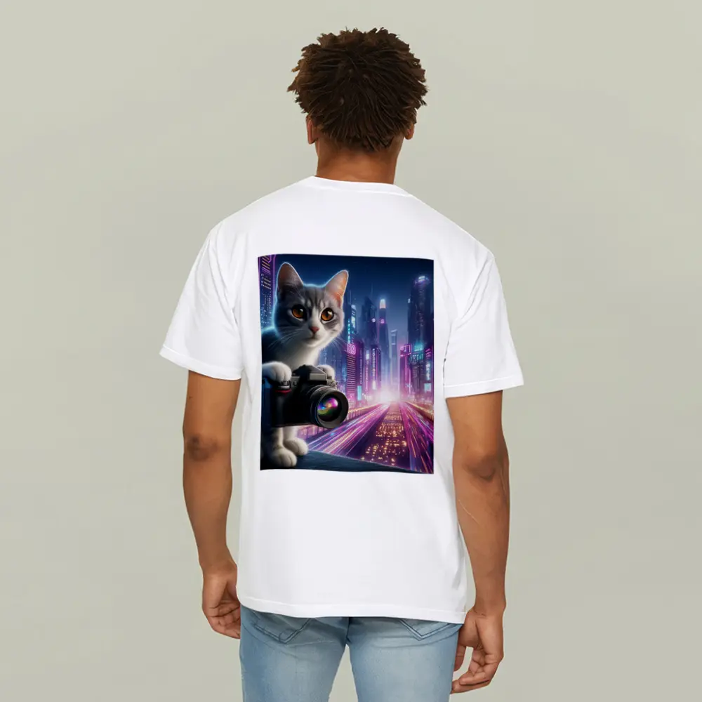 Gray Cat Photographer Neon Cyberpunk City – T-Shirts