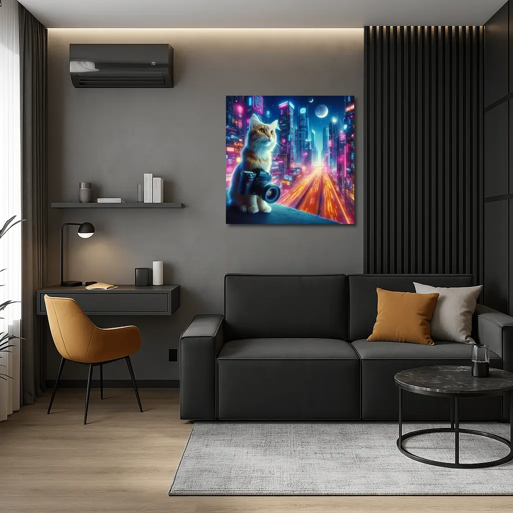 Cat Photographer Neon Cyberpunk City Night – Wall Art