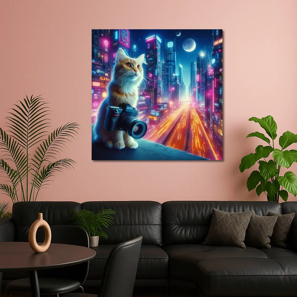 Cat Photographer Neon Cyberpunk City Night – Wall Art