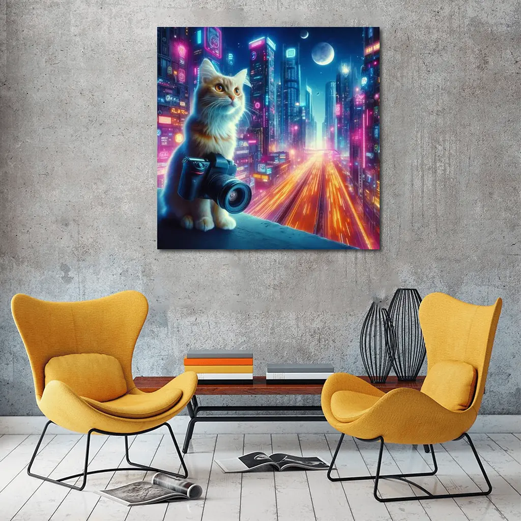 Cat Photographer Neon Cyberpunk City Night – Wall Art