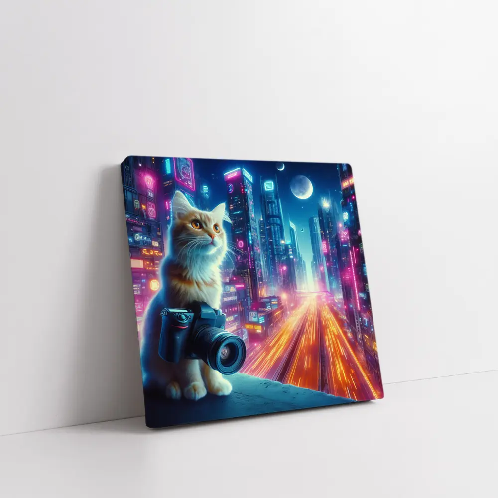 Cat Photographer Neon Cyberpunk City Night – Wall Art