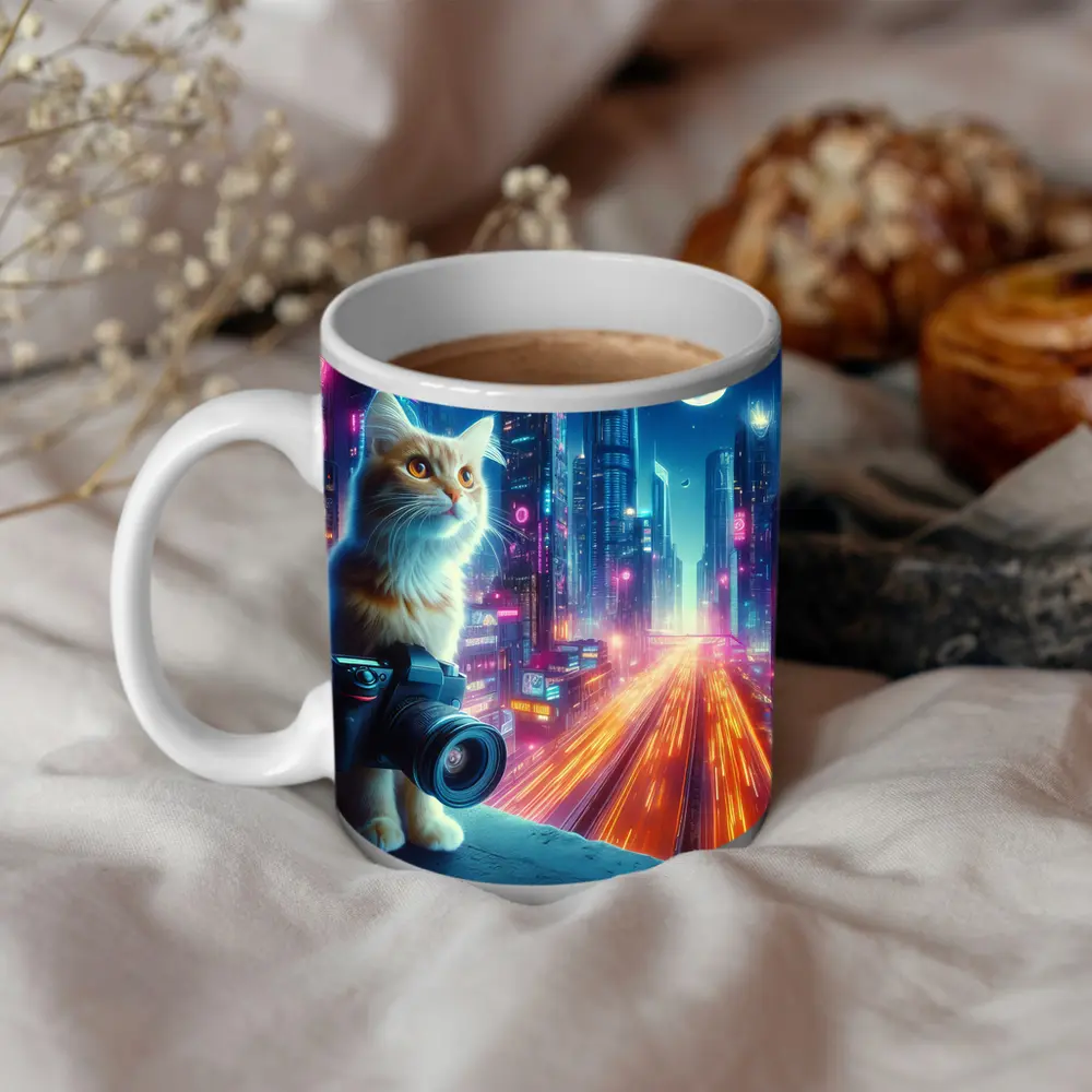 Cat Photographer Neon Cyberpunk City Night – Mugs