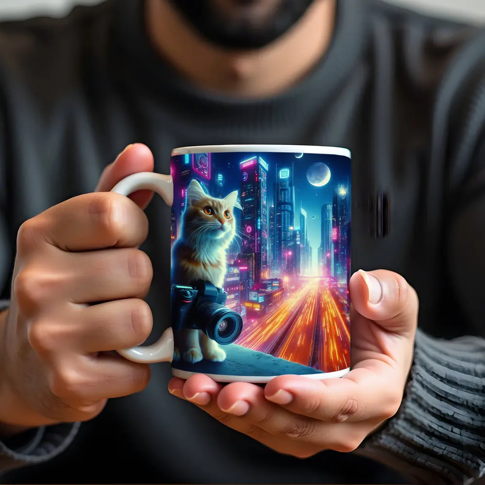 Cat Photographer Neon Cyberpunk City Night – Mugs