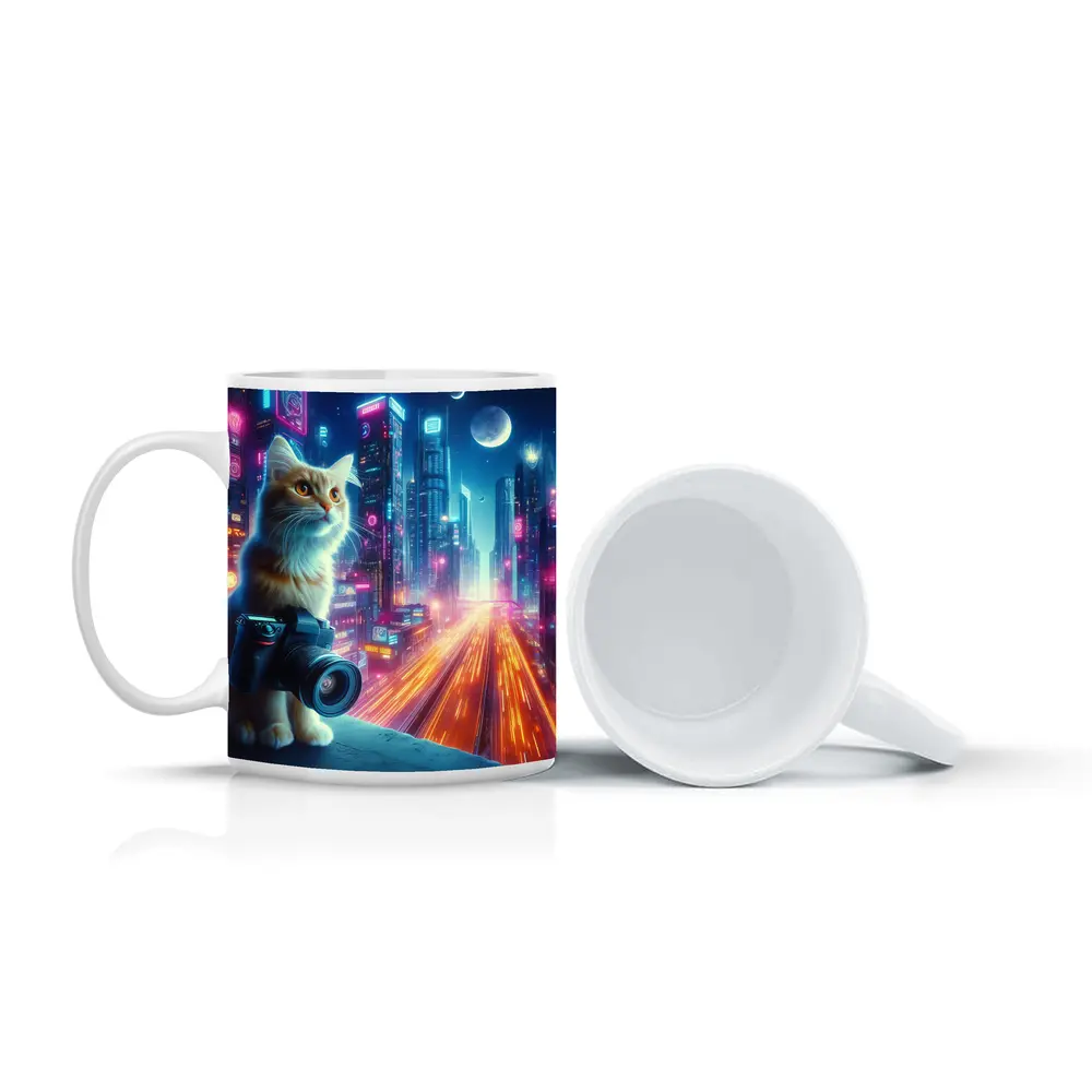 Cat Photographer Neon Cyberpunk City Night – Mugs