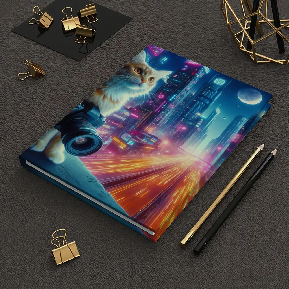 Cat Photographer Neon Cyberpunk City Night – Notebooks