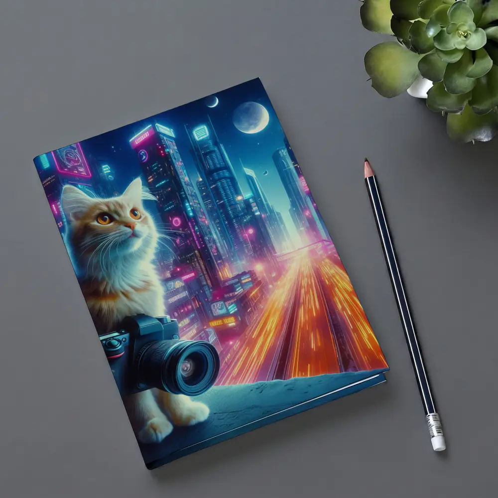 Cat Photographer Neon Cyberpunk City Night – Notebooks